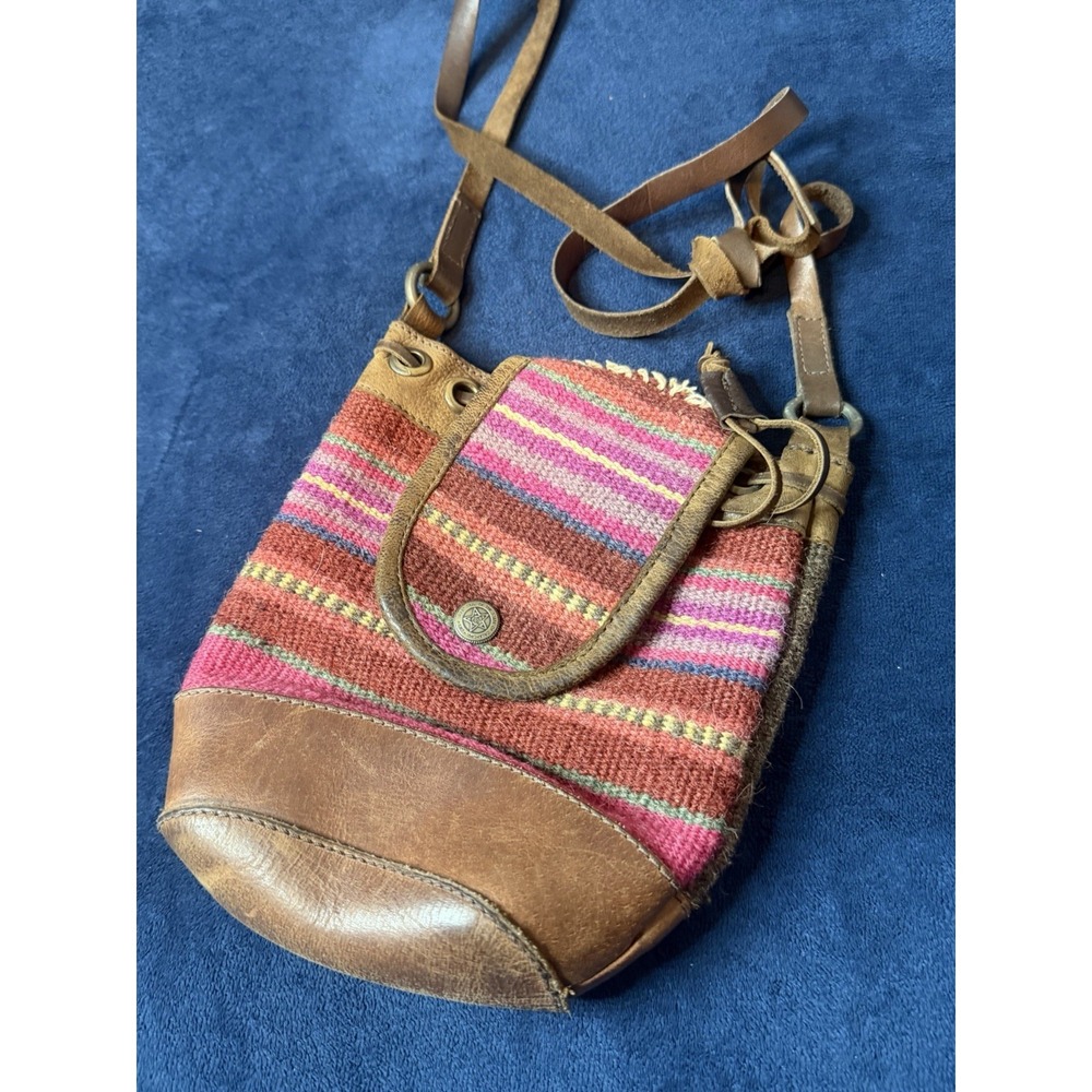 Ecote Wool & Leather Mini Crossbody Drawstring Bag Southwestern Navajo Brown